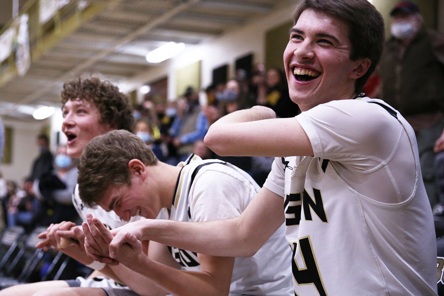 Colby Bessler laughs after teammate Coy Johnson got up at the wrong time